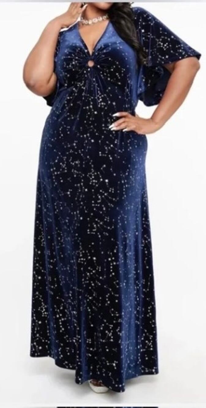Smak Parlour Unique Vintage Blue Velvet Silver Stars Maxi Dress M NWT